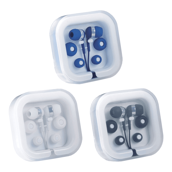 Colour Pop Earbuds with Microphone in blue and white packaging, featuring various earbud sizes and a logo.