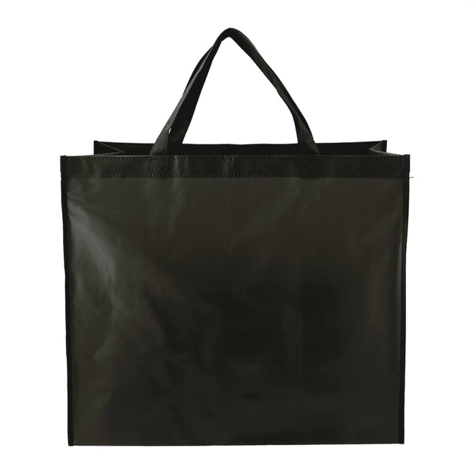 A large, double laminated, wipeable tote bag in black with two sturdy handles and a simple design.
