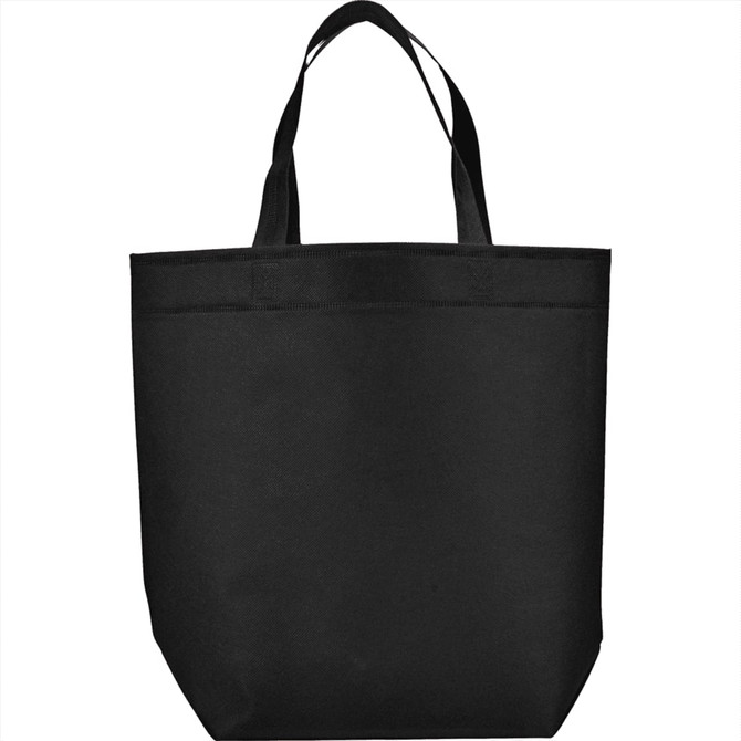A black reusable grocery tote bag with two handles and no visible logos or text.