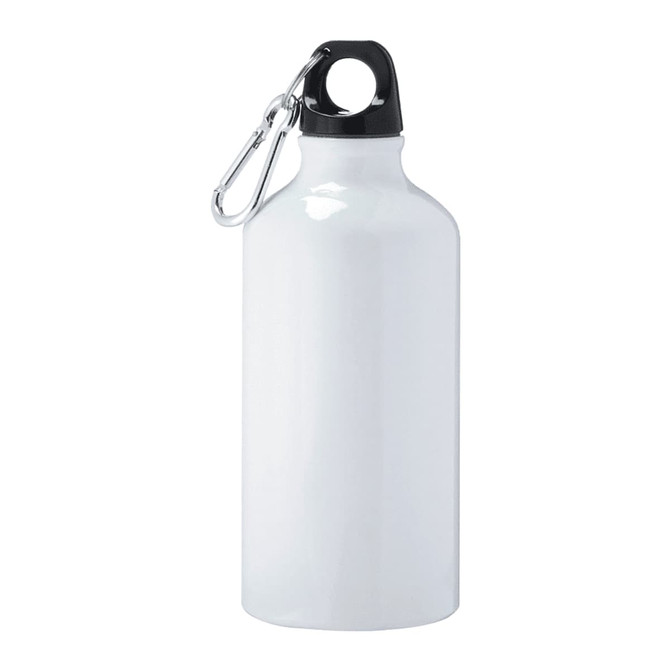 A drink bottle in white aluminium with a black cap and a carabiner clip for easy attachment.