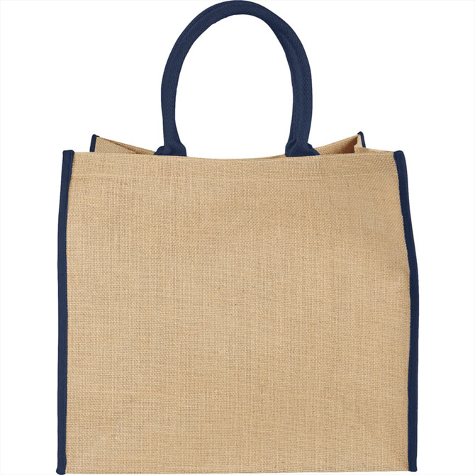 A large jute tote bag in natural colour with navy blue handles and trim. Features a branding logo.