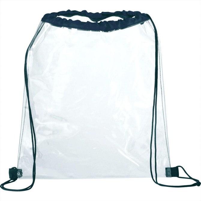 A clear drawstring sportspack with black trim and adjustable cords, featuring a simple design and a logo.