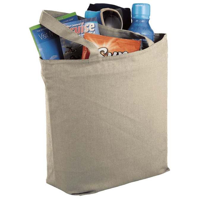 A beige zippered tote bag filled with a drink bottle, snacks, and a magazine. It features sturdy handles and a logo.