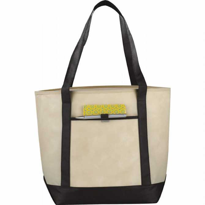 A large beige tote bag with black straps and a front pocket, featuring a pen and a notepad inside.