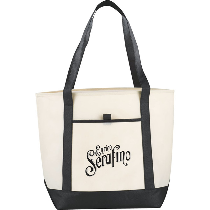 A large cream tote bag with black handles and a logo on the front. Suitable for carrying various items.