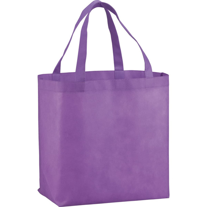 A purple non-woven tote bag with two handles and a spacious design. The bag includes a logo.