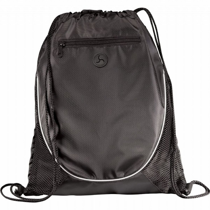 A black drawstring sportspack featuring a zippered pocket and mesh side panels, with a logo on the front.