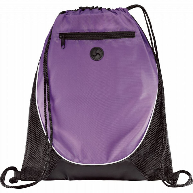 A purple drawstring sportspack with a front zipper pocket and black mesh sides, featuring a logo.
