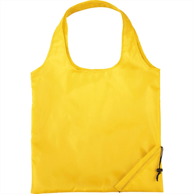 A yellow foldaway shopper tote bag with a compact pouch for storage and a branding logo.