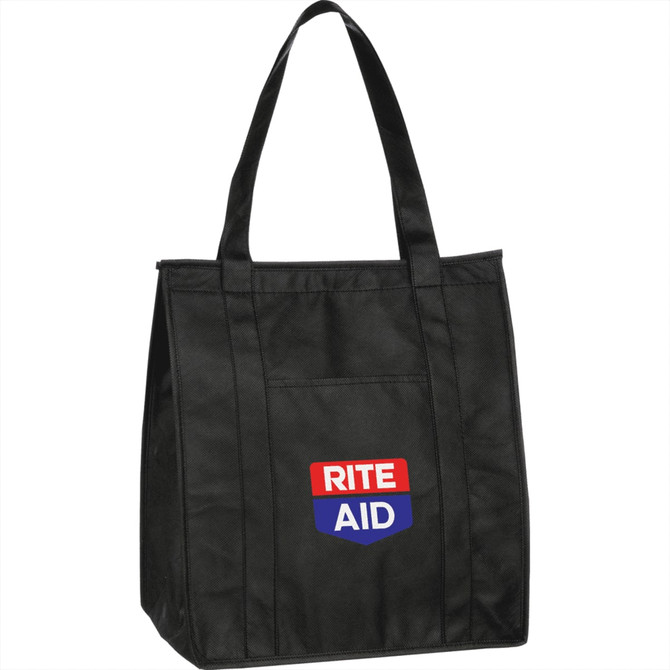 A black insulated grocery tote with a large logo on the front and sturdy handles.