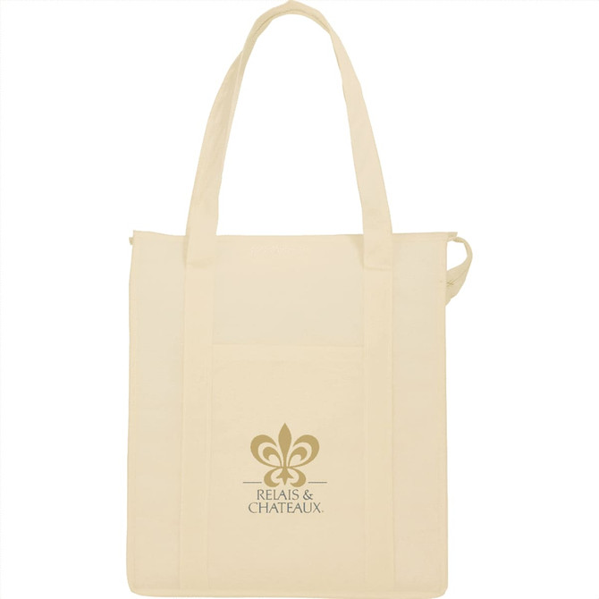 A cream insulated grocery tote with handles and a logo on the front, featuring a spacious main compartment.