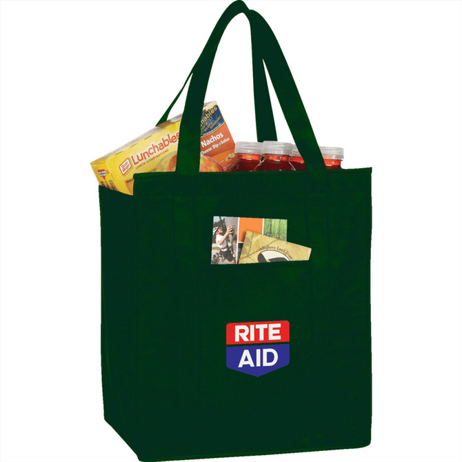 A dark green insulated grocery tote filled with drink bottles and snacks, featuring a visible logo.