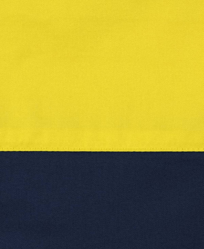 A two-toned long-sleeve shirt featuring a yellow upper section and a navy lower section, with a logo.
