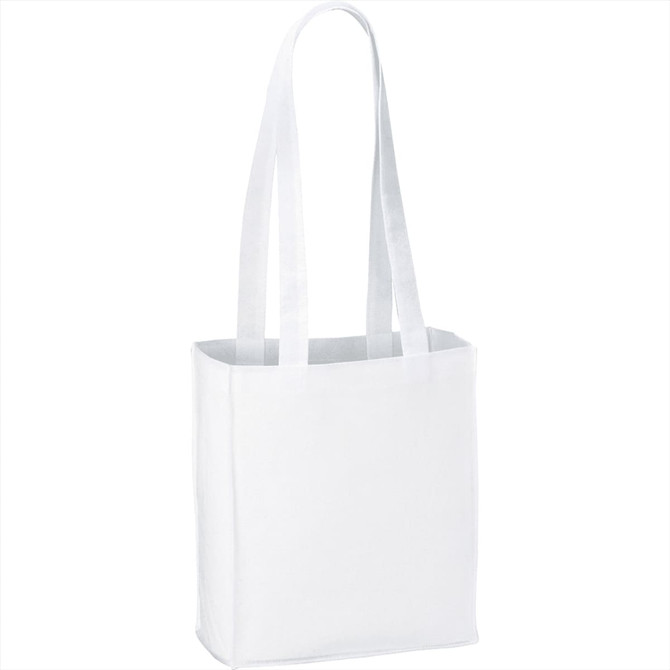 A white non-woven tote bag with two handles and a square shape, featuring a logo.
