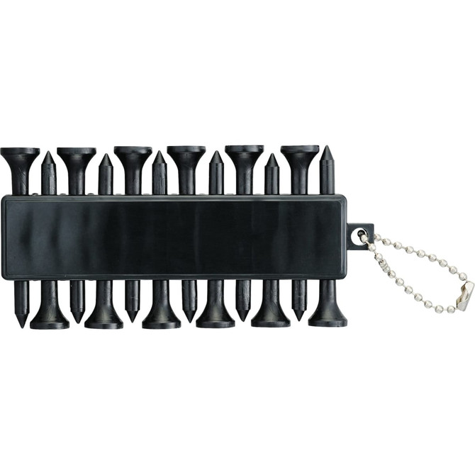 A set of black golf ball markers arranged in a holder with a keychain attachment.