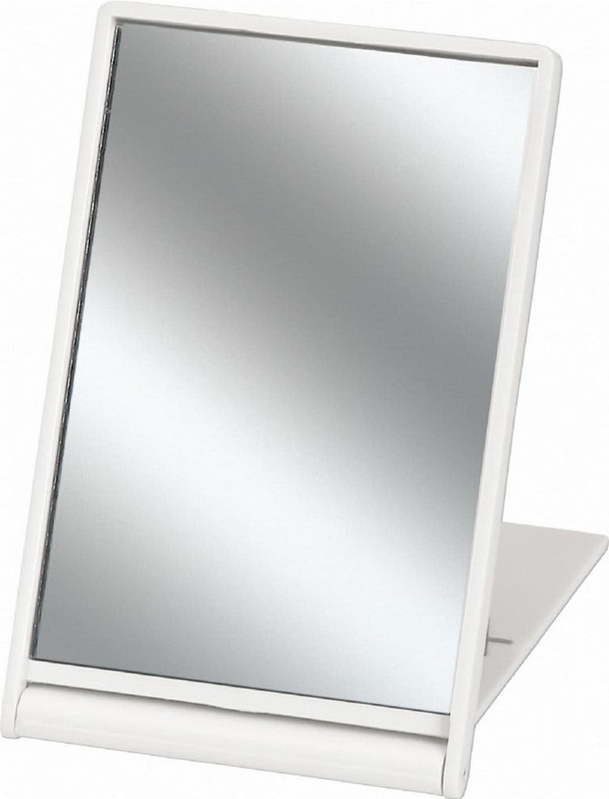 A stand-up pocket mirror in white, featuring a sleek, foldable design for compact storage.