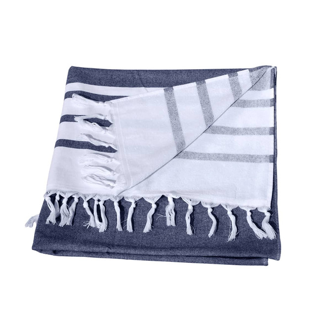 A Turkish beach towel featuring navy and white stripes, with fringed edges and a soft texture.