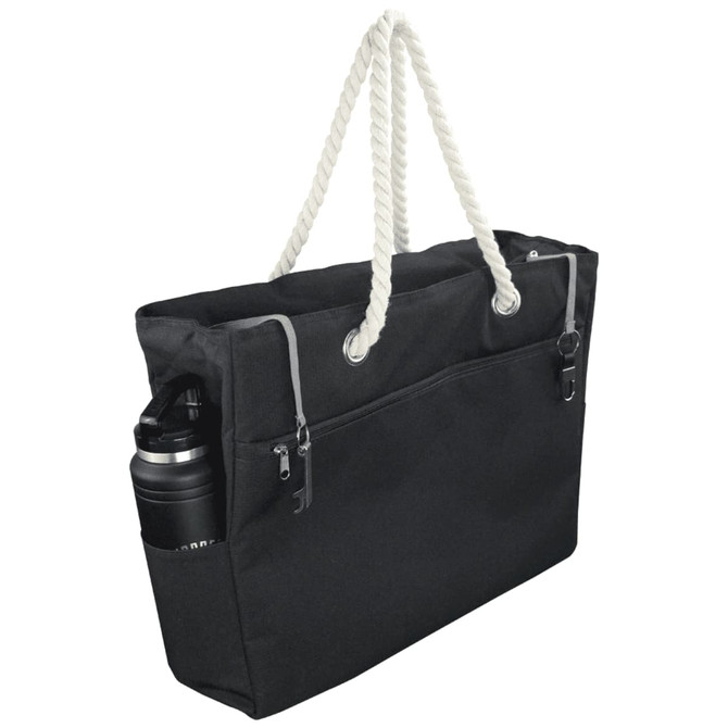 A black waterproof beach bag with rope handles and a side pocket for a drink bottle. It includes zippers and a logo.