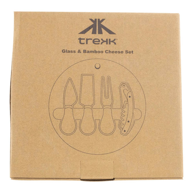 A bamboo cheese set with glass and bamboo utensils, packaged in a brown box with a logo and illustrations.