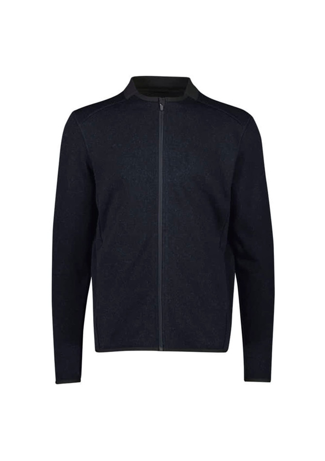 A black zip-front jumper featuring a simple design and a contrasting collar, with a logo on the front.