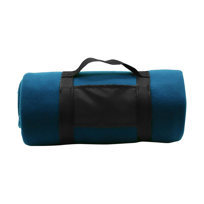 A rolled-up blanket in a teal colour, secured with a black strap. The blanket has a logo on the strap.