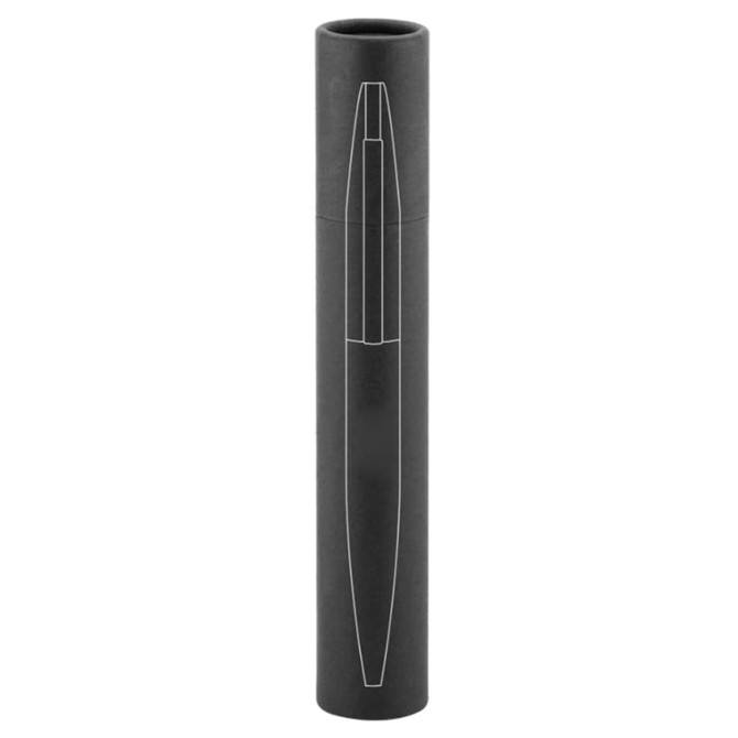 A slim black pen displayed in a cylindrical black packaging. The pen has a sleek design and features a logo.