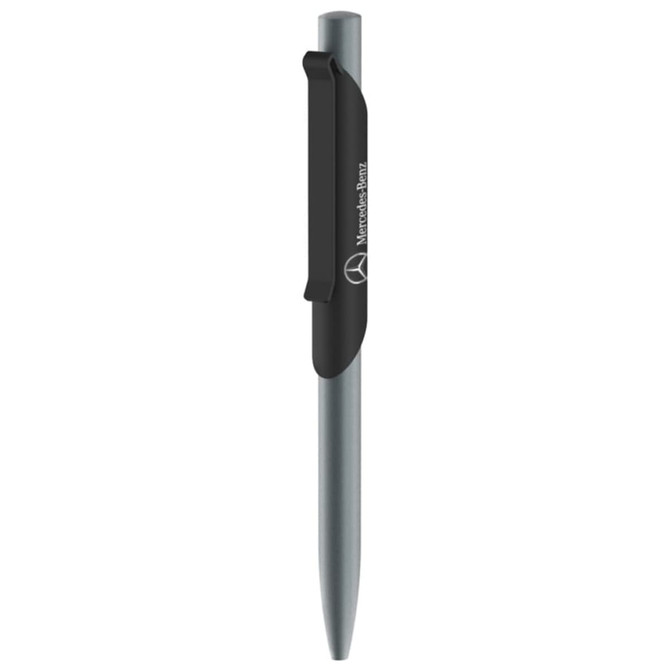 A metal pen with a silver body and a black clip, featuring a logo on the side.