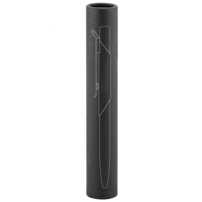 A sleek black metal pen presented in a cylindrical black packaging with a stylised illustration of the pen.