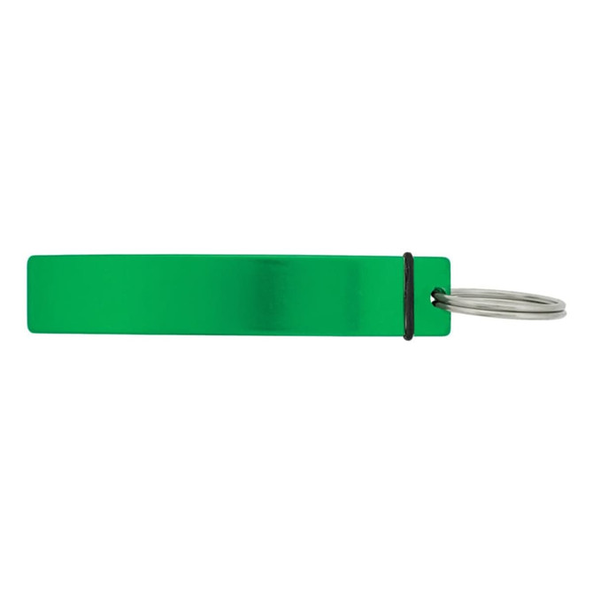 A green drink bottle opener with a metal ring for easy attachment. It has a simple, sleek design.