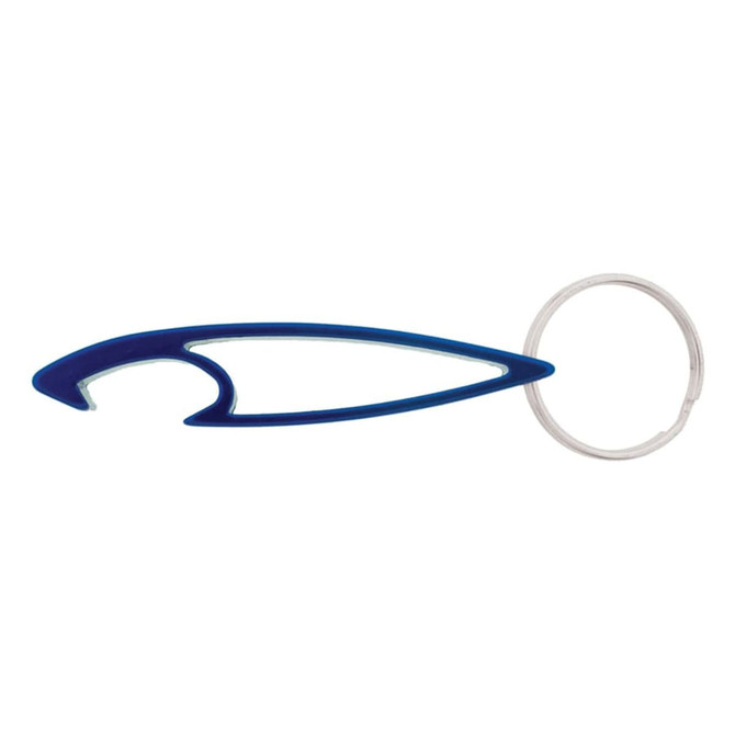 A drink bottle opener in blue with a keyring attachment, featuring a sleek, curved design.