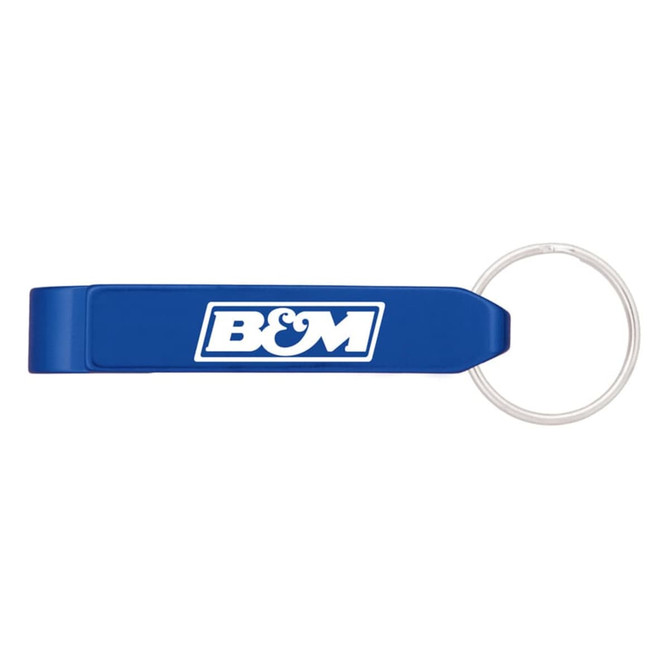 A drink bottle opener in blue with a keyring attachment and a logo on the side.