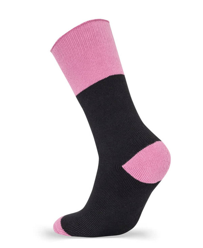 A black work sock with a pink cuff and heel, designed for ladies. It features a logo on the side.