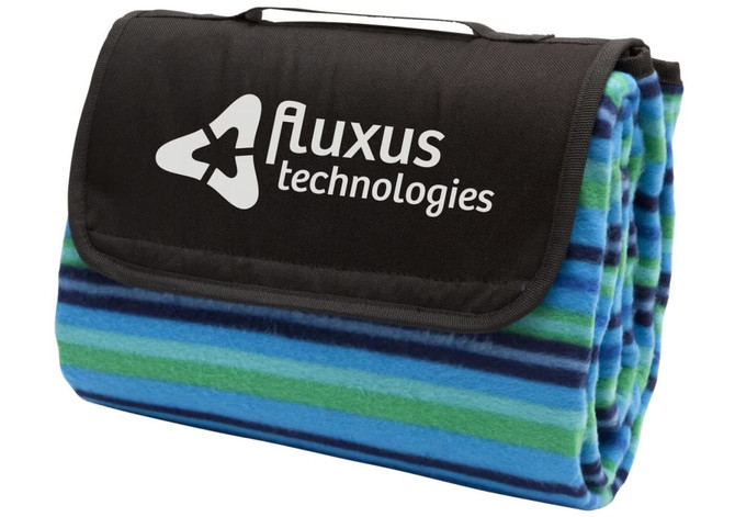 A folded picnic rug featuring blue, green, and black stripes with a branding logo.