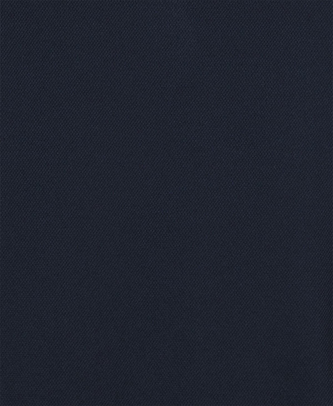A dark navy blue fabric swatch featuring a textured weave, suitable for polo shirts. It has a logo.