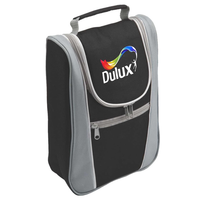 A drink bottle cooler in black and grey, featuring a top handle and a front zip pocket, with a logo.