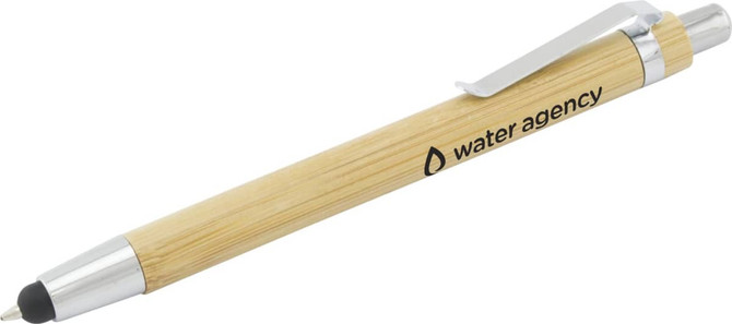 A bamboo pen with a silver clip and tip, featuring a logo on the barrel.
