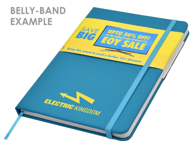 A turquoise A5 notebook with a belly band, featuring a logo and a brightly coloured promotional tag.