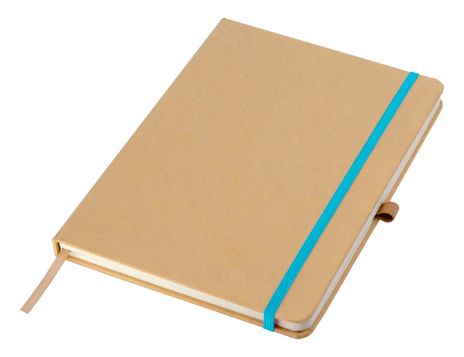An A5 notebook in brown with a turquoise elastic band and a ribbon bookmark. It has a simple, eco-friendly design.