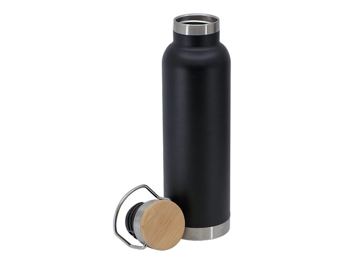 A drink bottle featuring a sleek black design with a wooden lid. It includes a metal base and a logo.