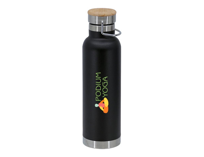 A drink bottle with a black finish, stainless steel base, and a wooden lid featuring a logo.