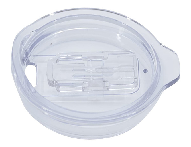 A plastic lid for a travel mug, featuring a clear, transparent design with a small opening and a slider mechanism.