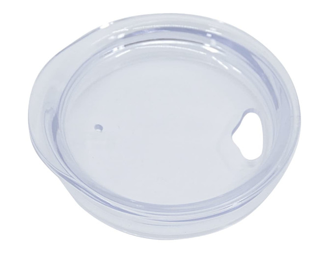 A clear, circular lid designed for a travel mug, featuring a small opening and a handle.