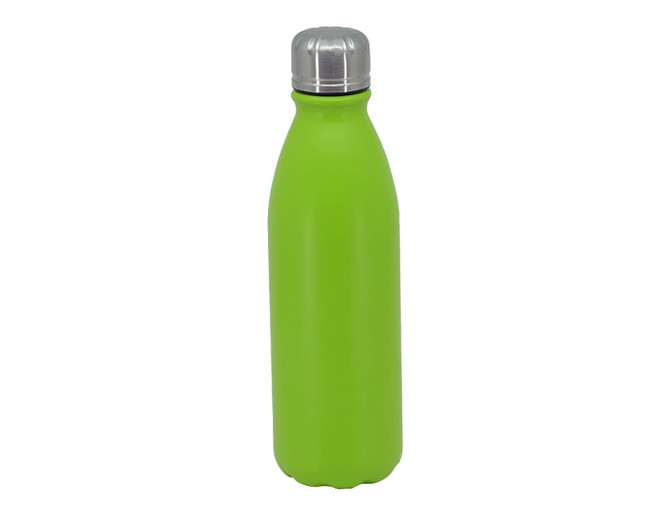 A drink bottle in vibrant green with a silver cap and a logo on the surface.