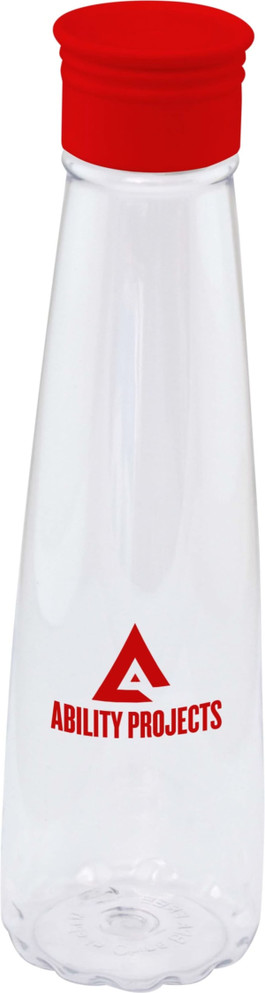 A drink bottle with a clear body and a red lid, featuring a logo in red colour.