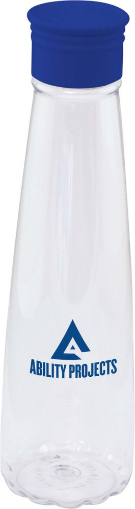 A drink bottle in clear plastic with a blue cap and a logo on the side.