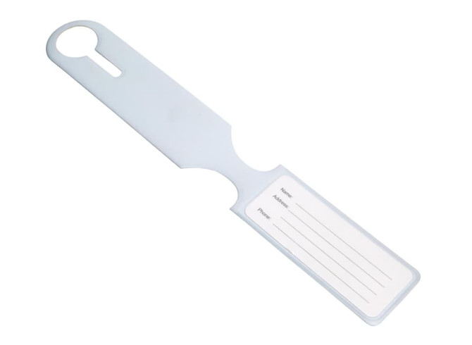 A light blue luggage tag with a slot for information and a circular hole for attachment. It features a logo.