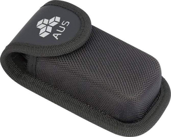 A black nylon pouch with a logo, designed for holding a multi-tool or similar item.