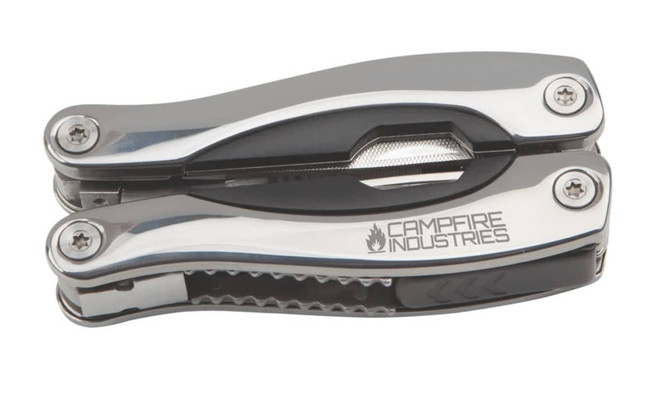 A stainless steel multi-tool with a sleek design, featuring a logo and various tools integrated into the body.