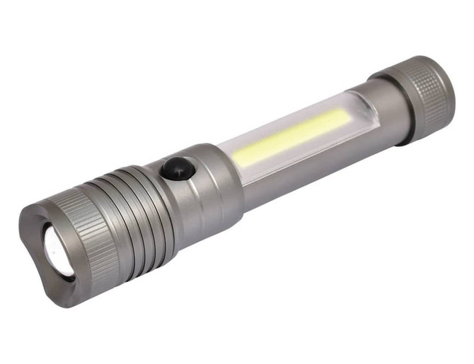 A gunmetal torch featuring a dual light function, with a clear section and a textured grip.