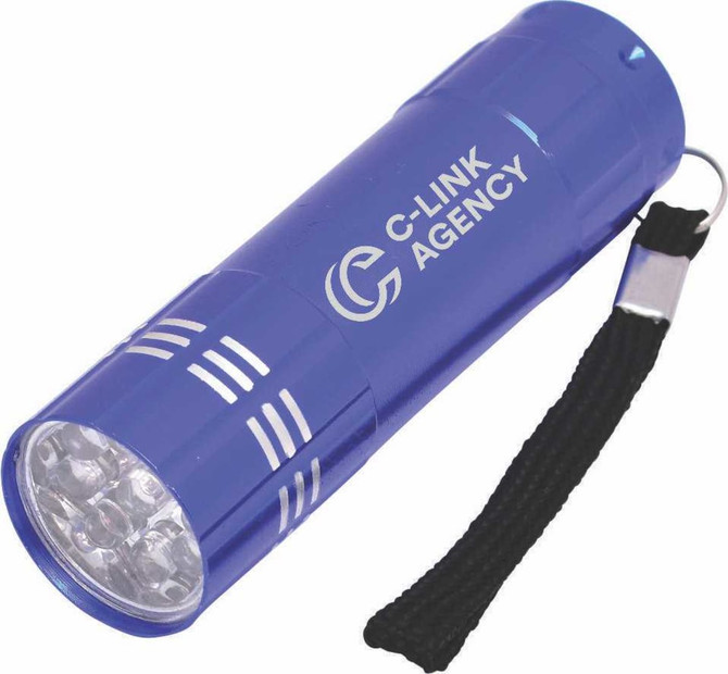 A blue mini torch with a keyring attachment and a black wrist strap. It features a logo on the body.